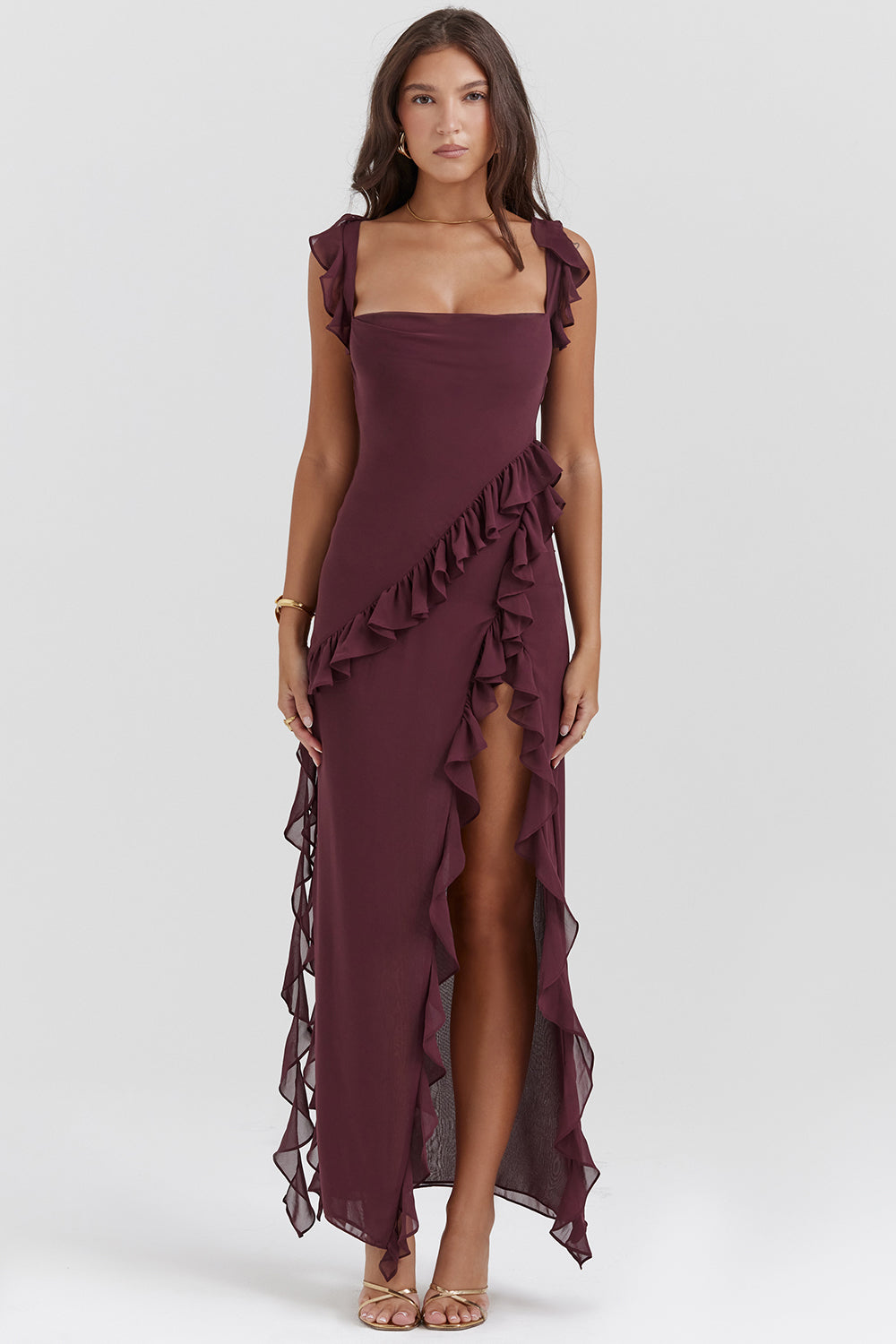 Chiffon Square Neck Ruffle Strap High Split Maxi Gown - View 21