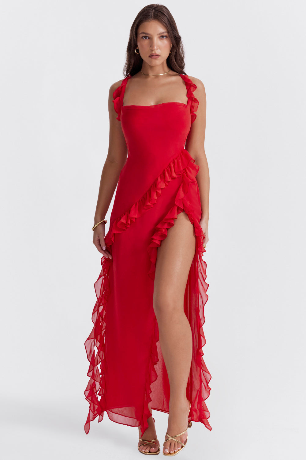 Square Neck Ruffle Strap High Split Ruffle Trim Maxi Gown 70