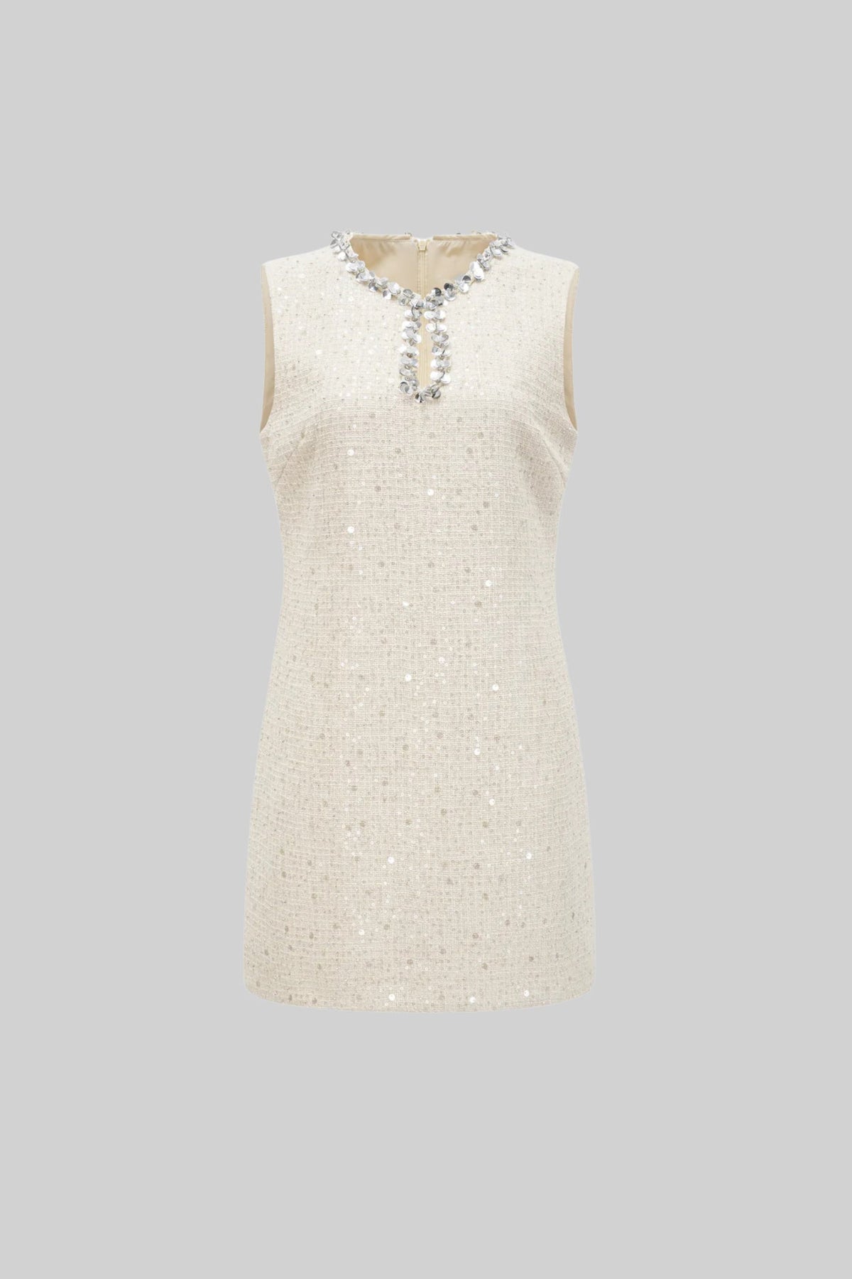 Sequin Tweed Keyhole Neck Crystal Embellished Shift Mini Dress
