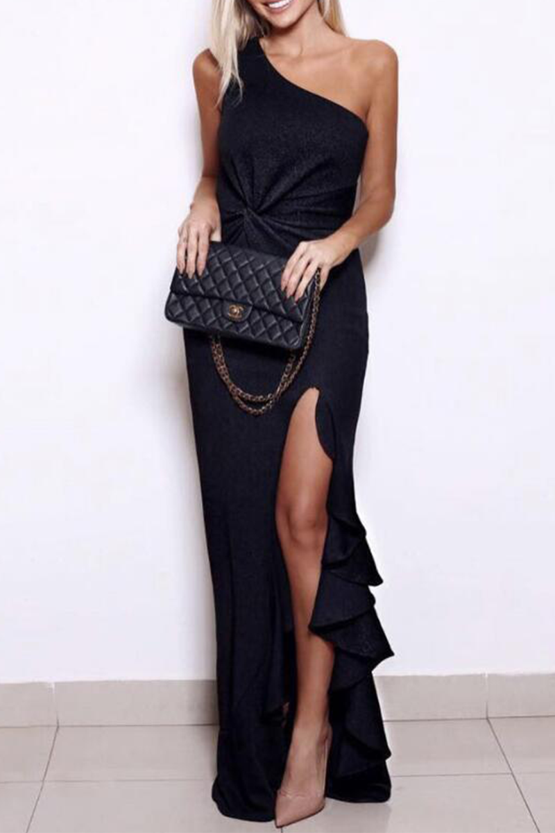 One Shoulder Twist Waist Ruffle High Split Bodycon Maxi Gown - View 2
