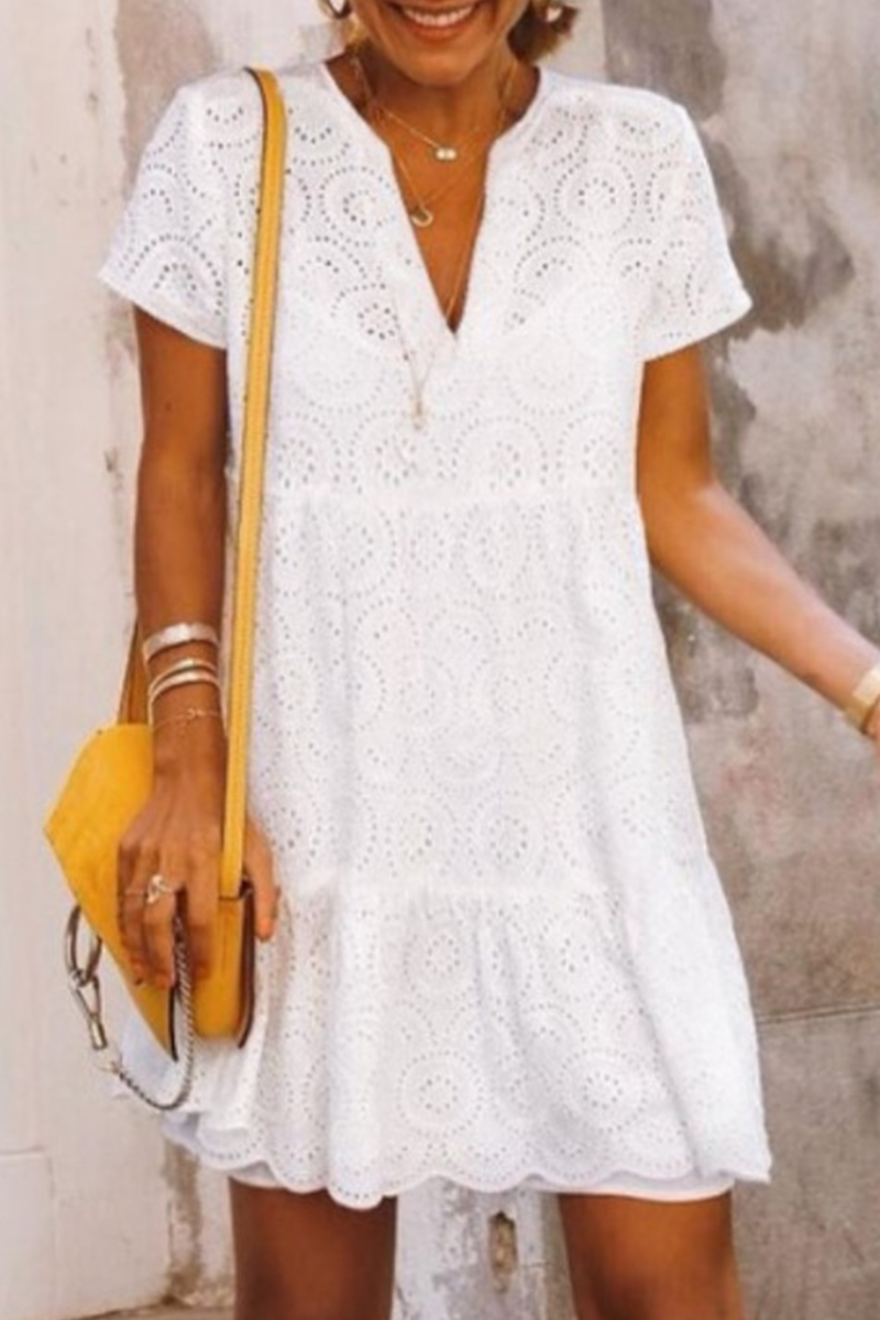 Eyelet Lace V-Neck Short Sleeve Tiered Babydoll Mini Dress