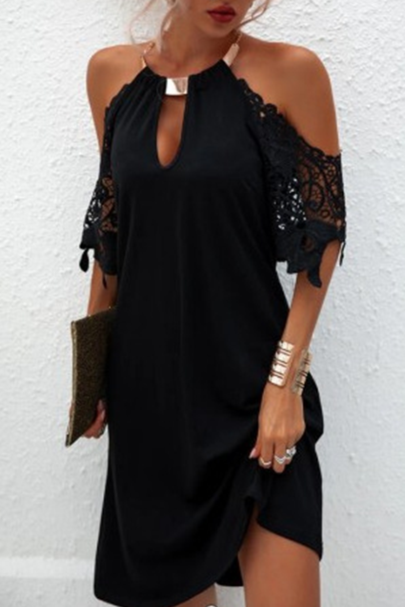 Cold Shoulder Lace Sleeve Metal Collar Keyhole Shift Mini Dress - View 5