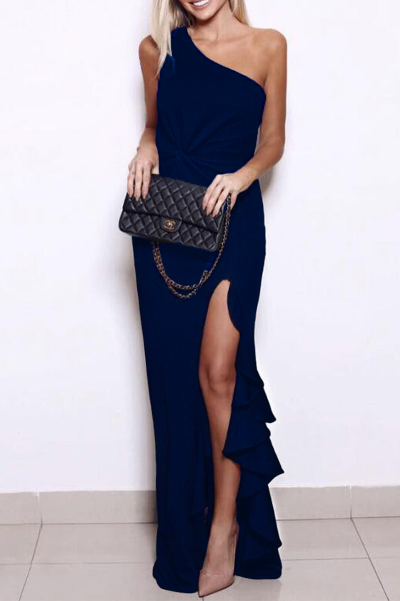 One Shoulder Twist Waist Ruffle High Split Bodycon Maxi Gown - View 4