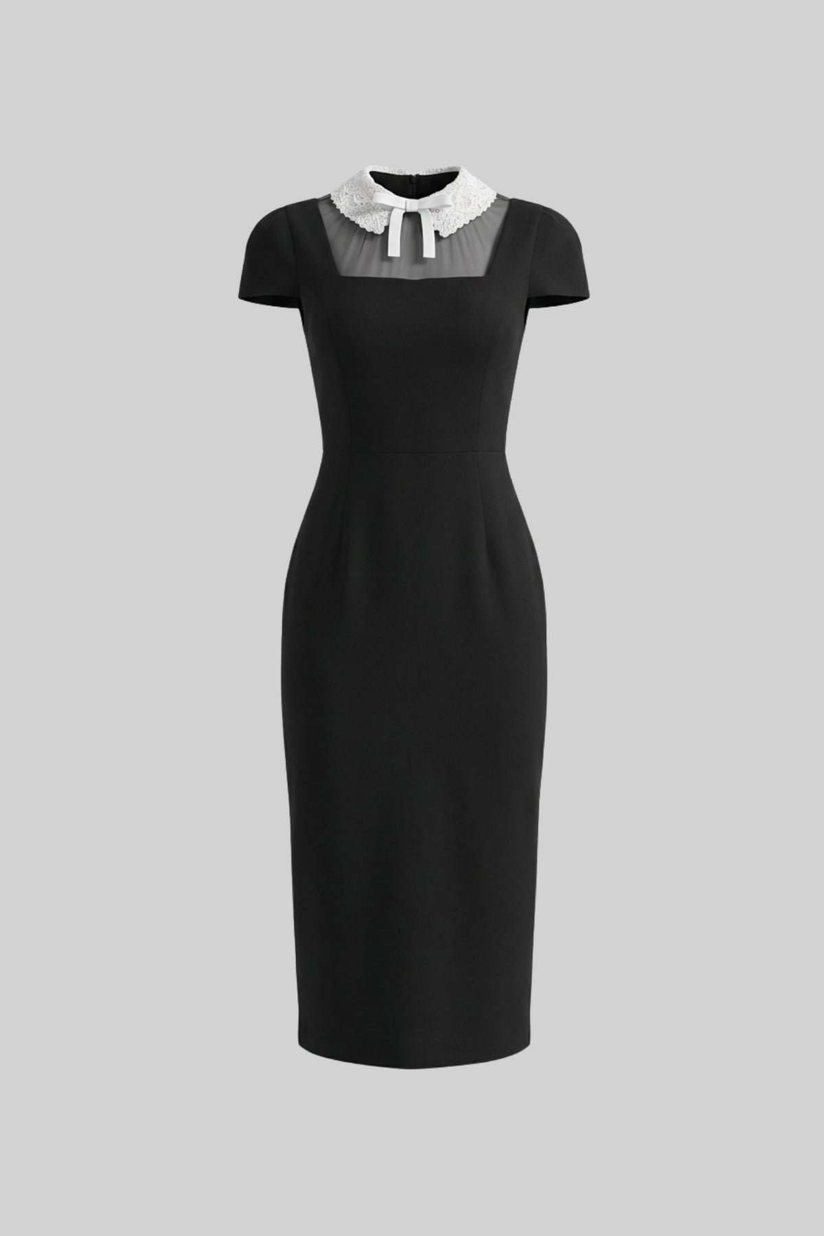 Cap Sleeve Midi Dress With Lace Collar Tie Detail - Black - View 2