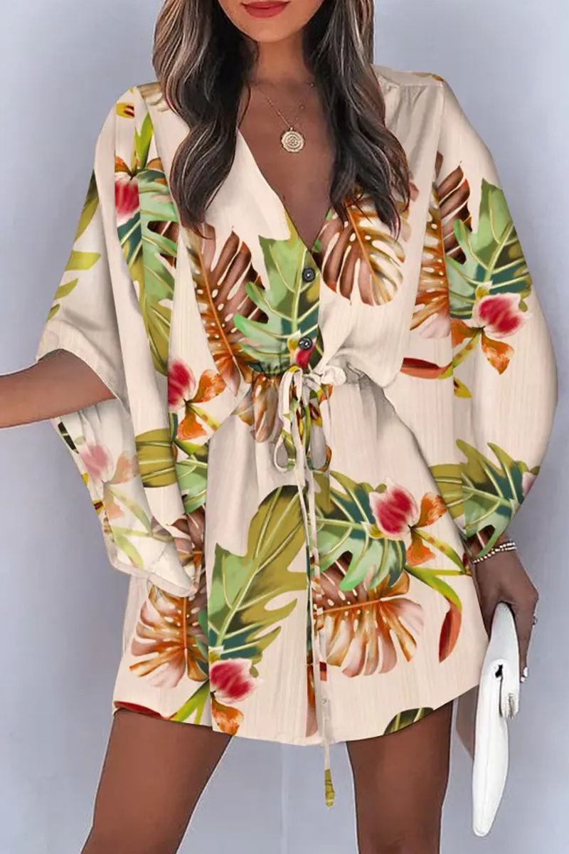 V-Neck Button Down Kimono Sleeve Drawstring Waist Mini Dress - View 2