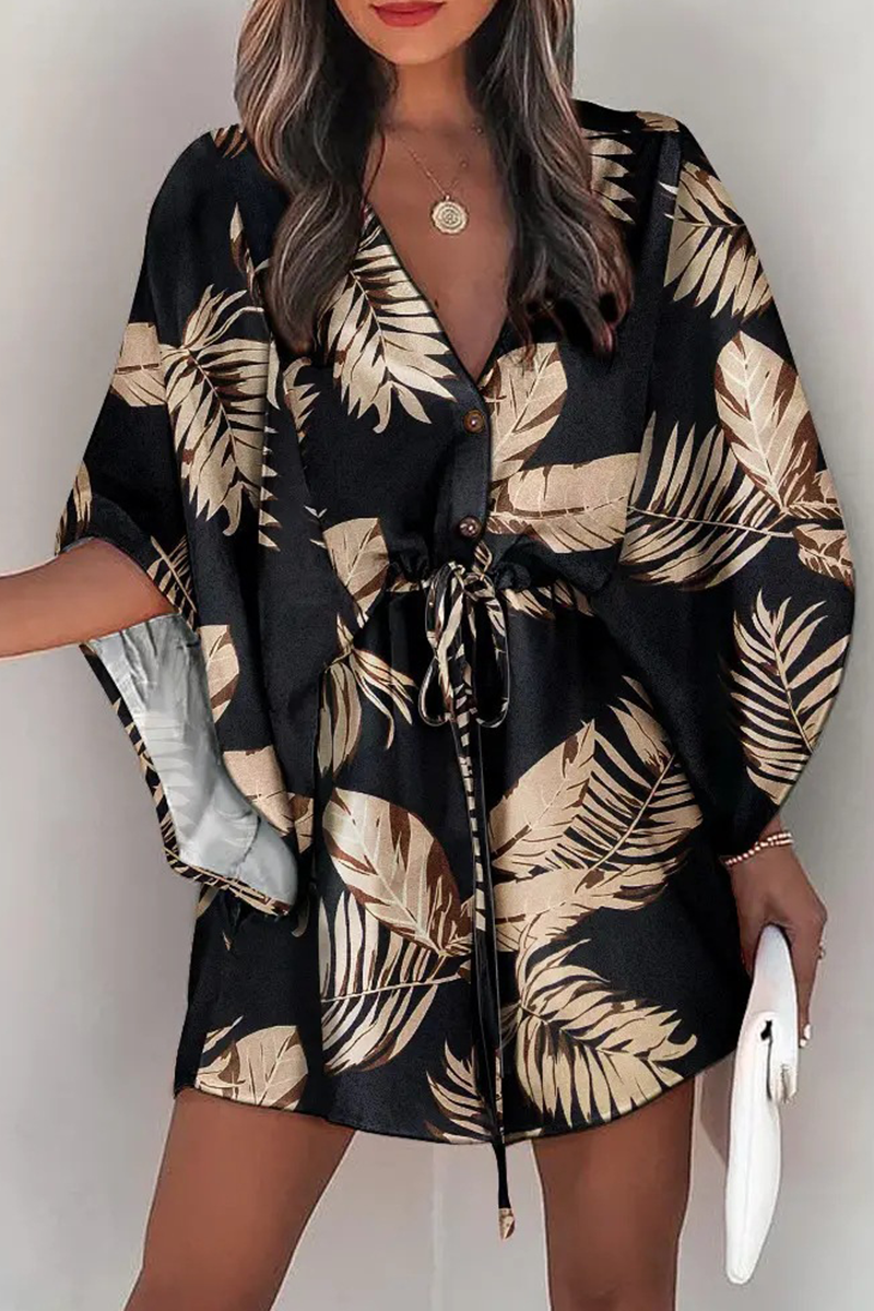 V-Neck Button Down Kimono Sleeve Drawstring Waist Mini Dress - View 4