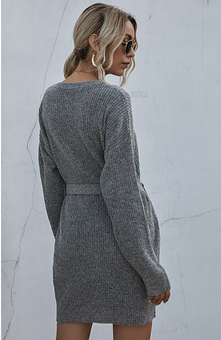 Ribbed Knit Long Batwing Sleeve Crew Neck Tie Belt Mini Sweater Dress - View 5