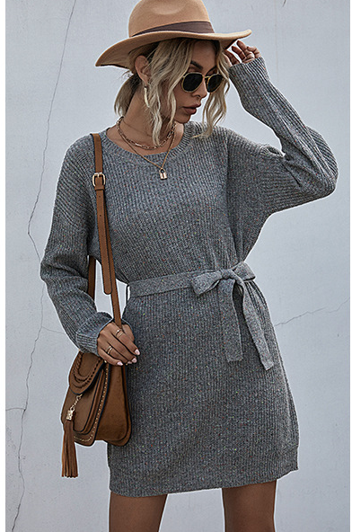 Ribbed Knit Long Batwing Sleeve Crew Neck Tie Belt Mini Sweater Dress - View 6