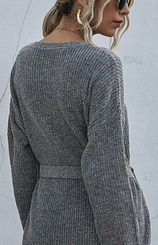 Ribbed Knit Long Batwing Sleeve Crew Neck Tie Belt Mini Sweater Dress - View 7