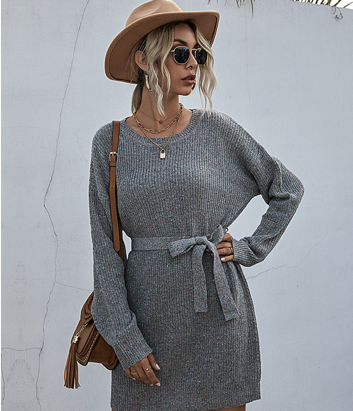 Ribbed Knit Long Batwing Sleeve Crew Neck Tie Belt Mini Sweater Dress - View 9