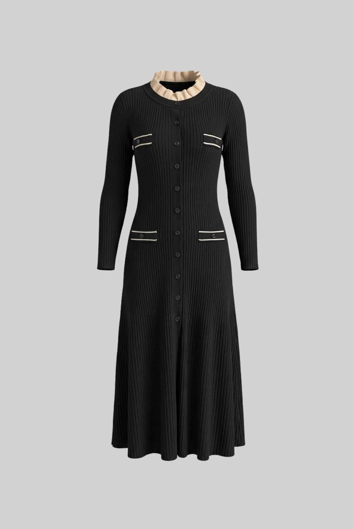 Long Sleeve Midi Dress - Black - View 2