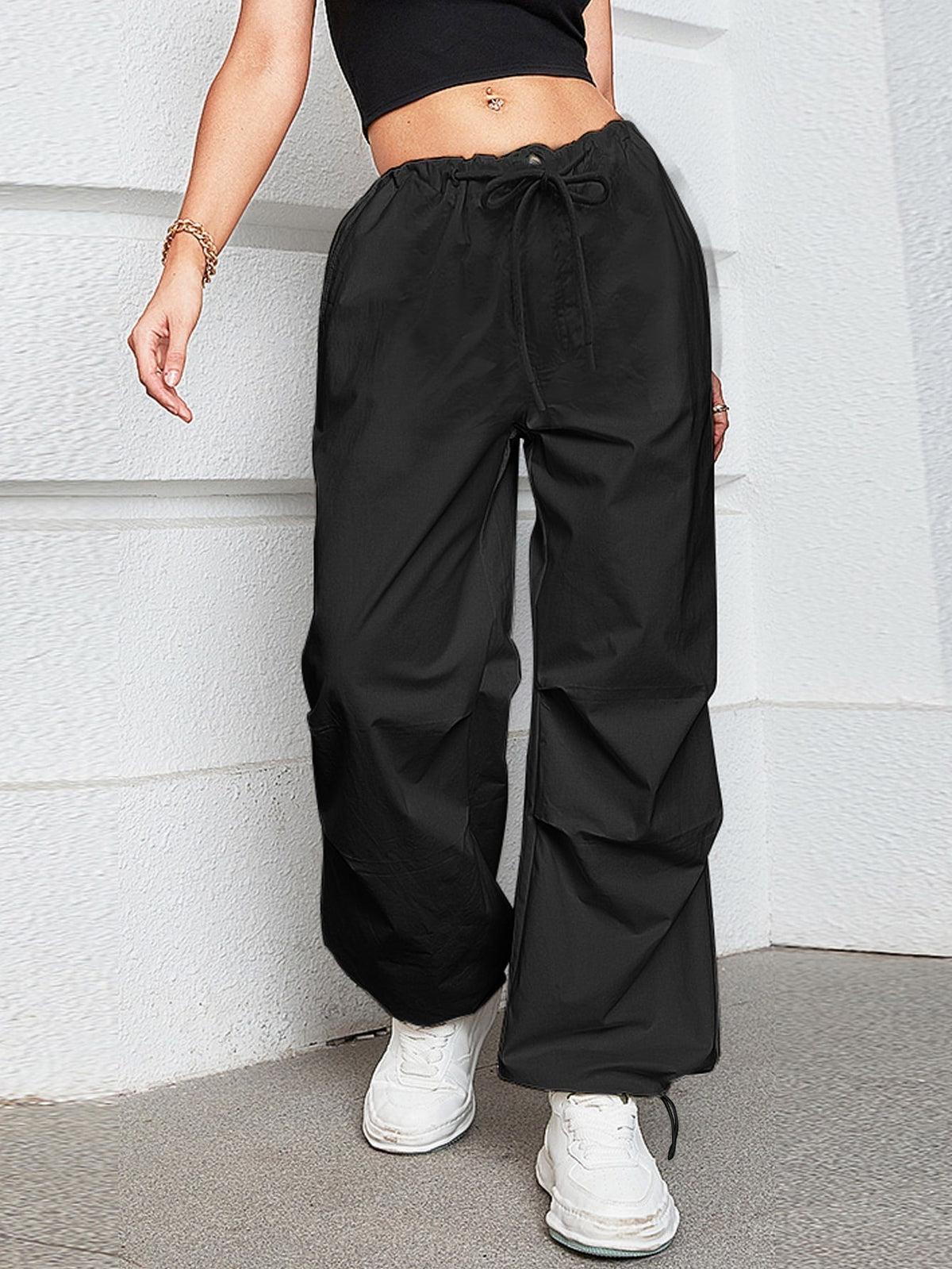 Oversized Drawstring Low Waist Slant Pocket Cargo