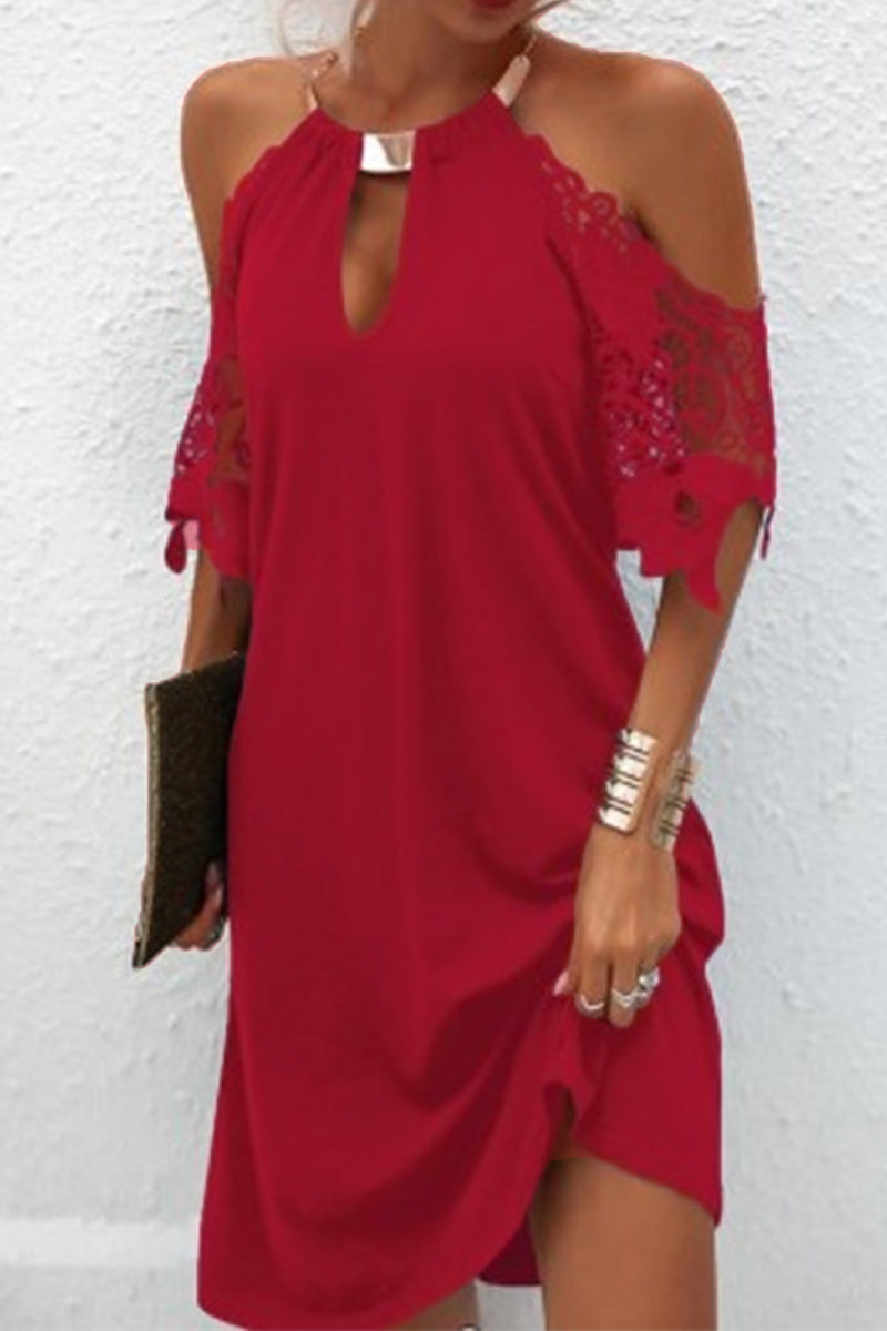 Cold Shoulder Lace Sleeve Metal Collar Keyhole Shift Mini Dress - View 4