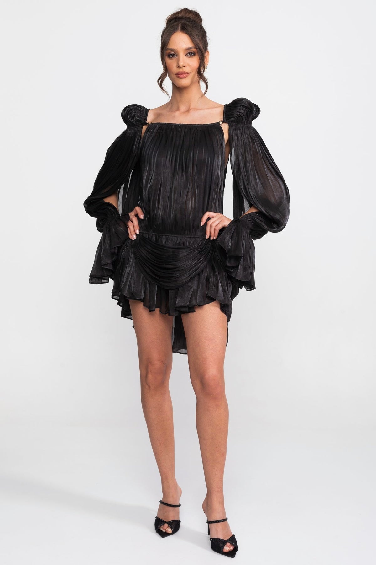 Pleated Puff Sleeve Ruffle Tier Cape Back Mini Dress - View 4