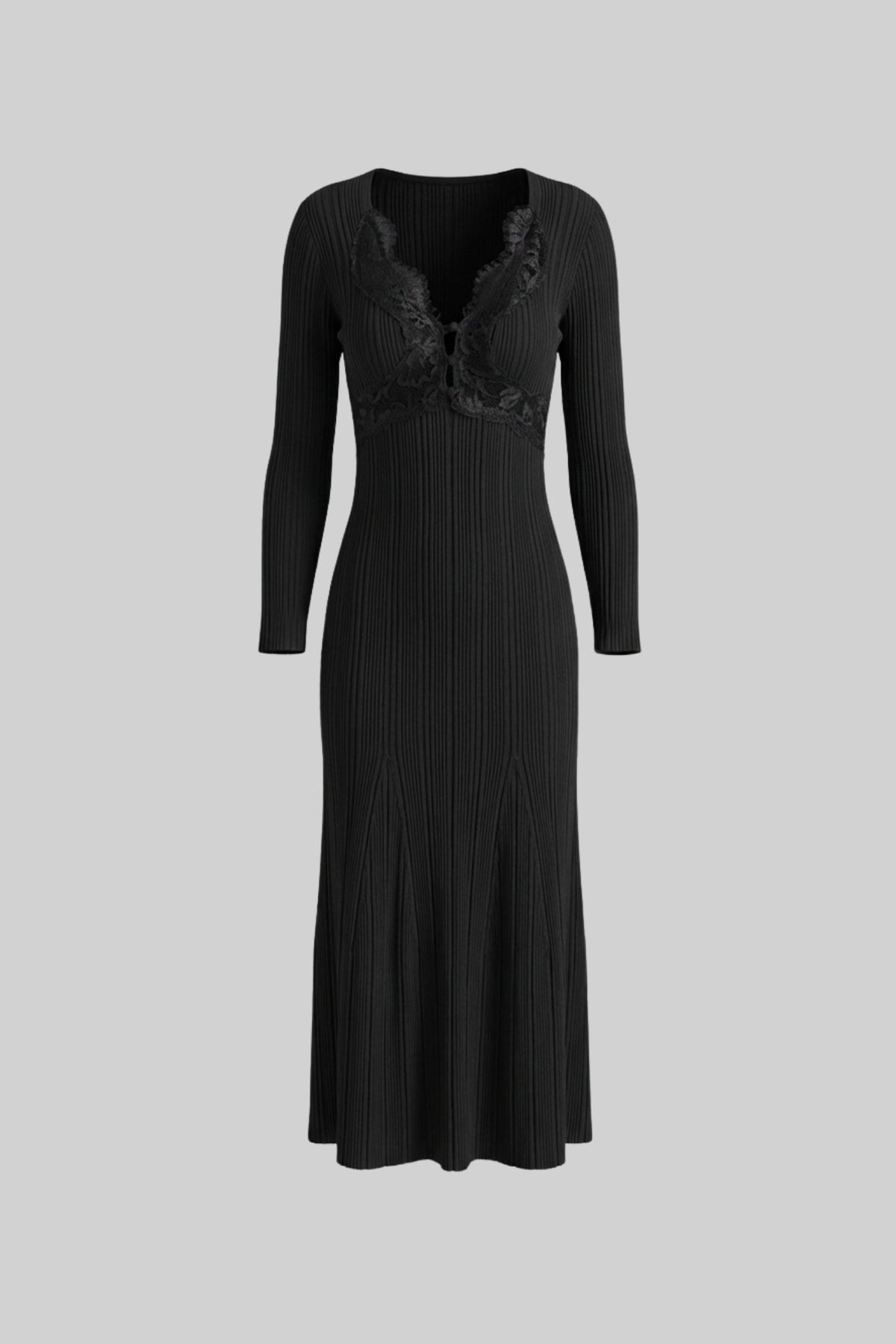 Ribbed Long Sleeve Midi Dress With Lace-Trim V-Neckline - Black - View 2