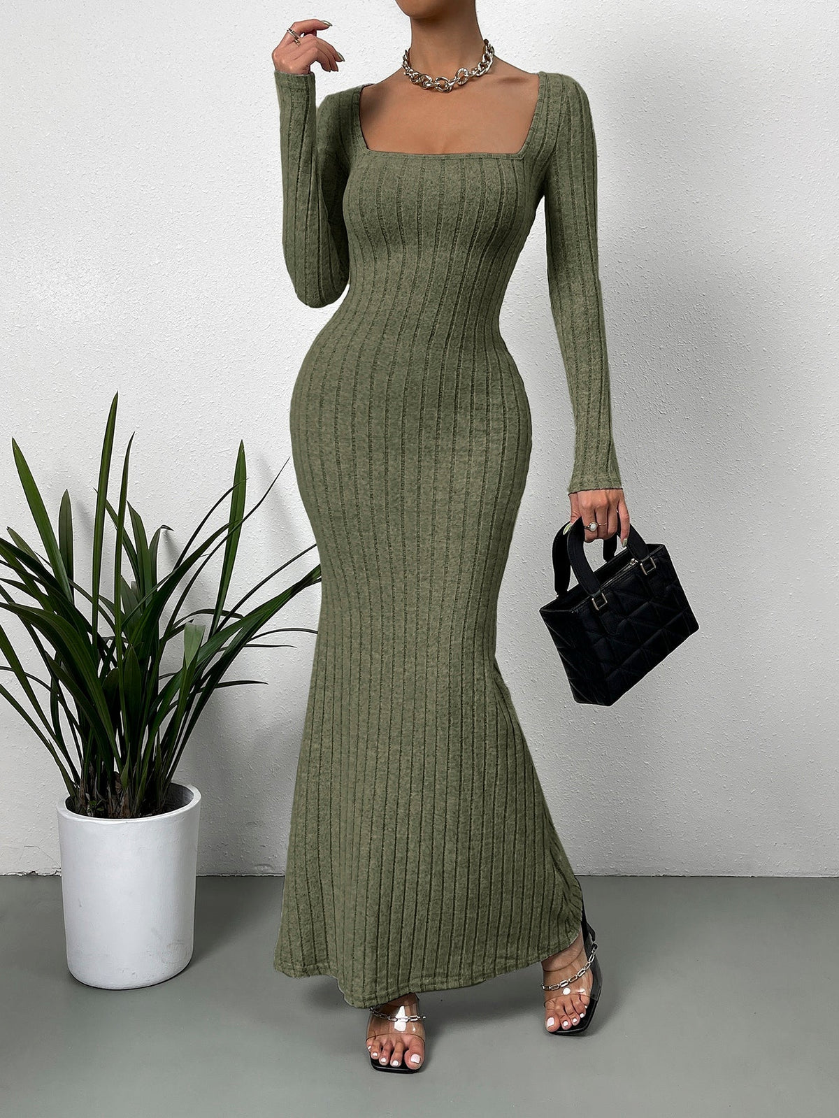 Square Neck Long Sleeve Ribbed Knit Fishtail Maxi Dress 9