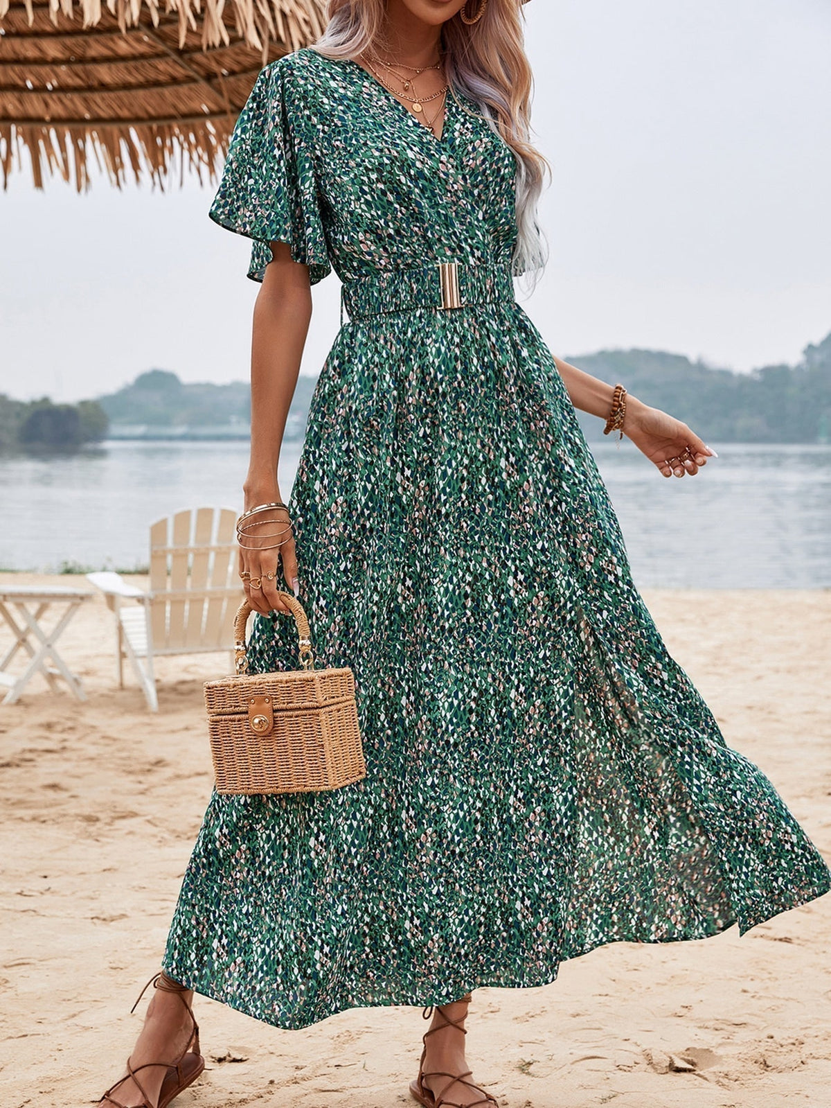 Leopard Print Wrap Flutter Sleeve Belted High Split Maxi Dress - View 23