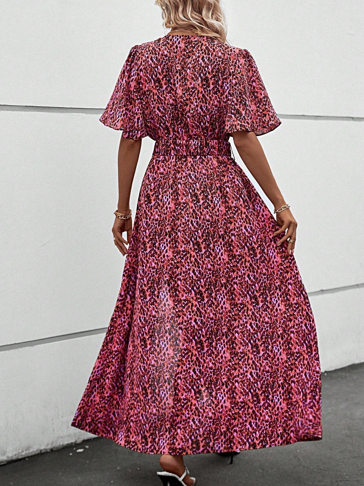 Leopard Print Wrap Flutter Sleeve Belted High Split Maxi Dress - View 2