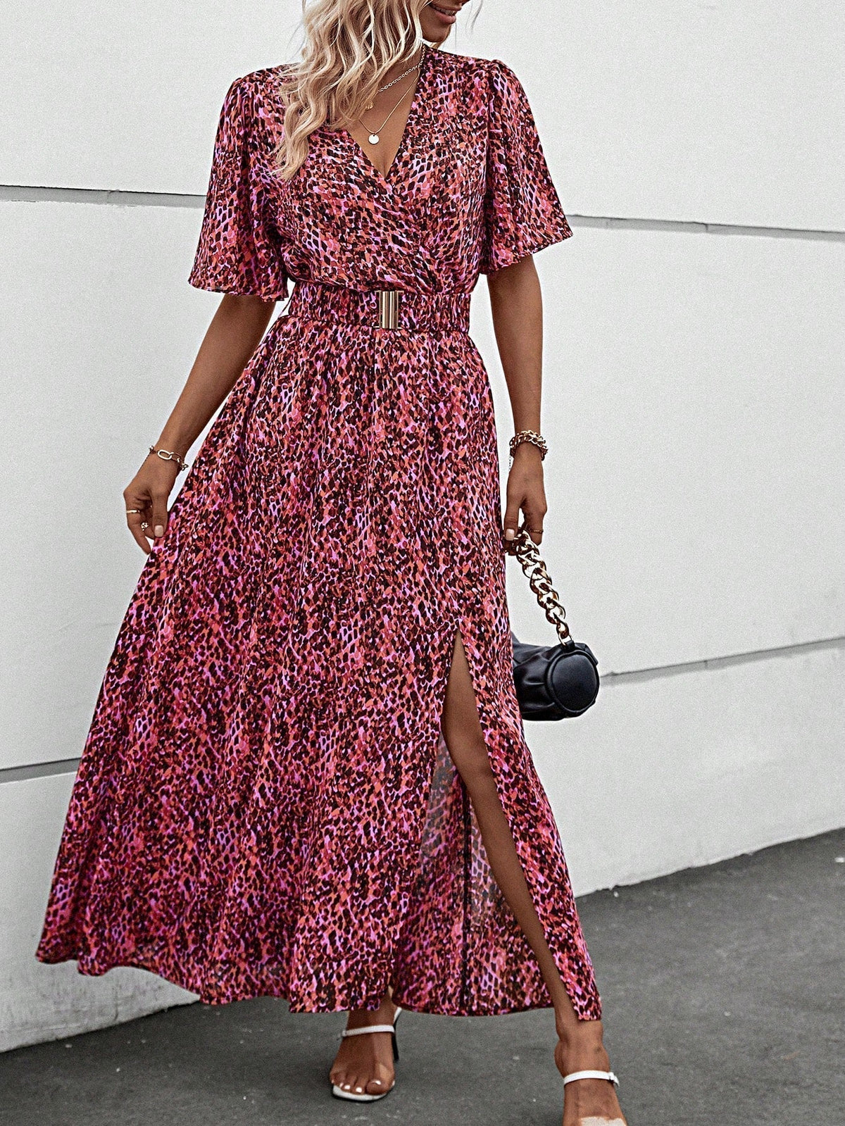 Leopard Print Wrap Flutter Sleeve Belted High Split Maxi Dress - View 3