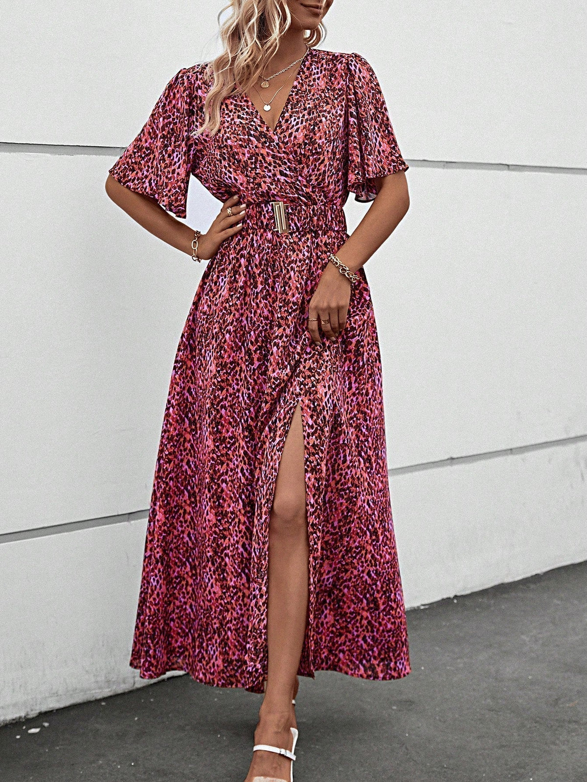 Leopard Print Wrap Flutter Sleeve Belted High Split Maxi Dress - View 6
