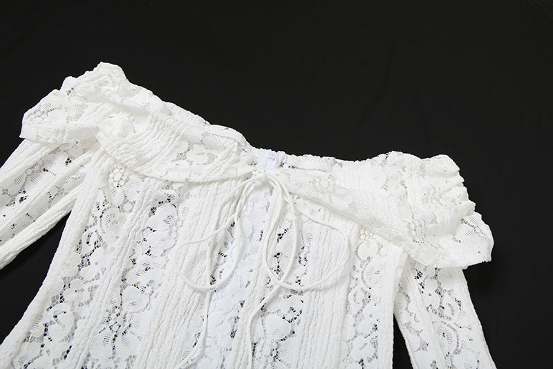 Off Shoulder Lace Bell Sleeve Ribbon Tie Bodycon Mini Dress - View 16