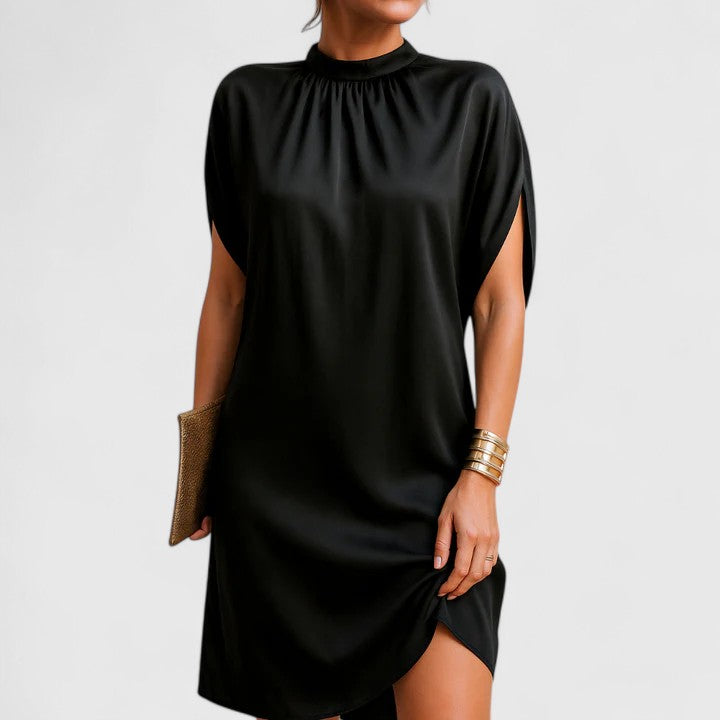 Mock Neck Cap Sleeve Satin Shift Mini Dress