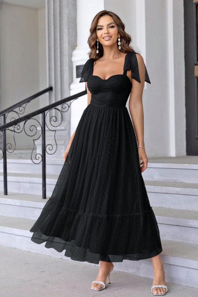 Tulle Swiss Dot Bustier Sweetheart Tie Shoulder Tiered Maxi Dress - View 12