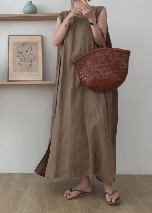 Round Neck Sleeveless Side Slit Oversized Linen Blend Maxi Dress - View 2