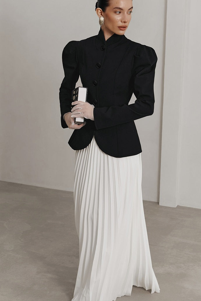 Black Mandarin Collar Puff Sleeve Blazer