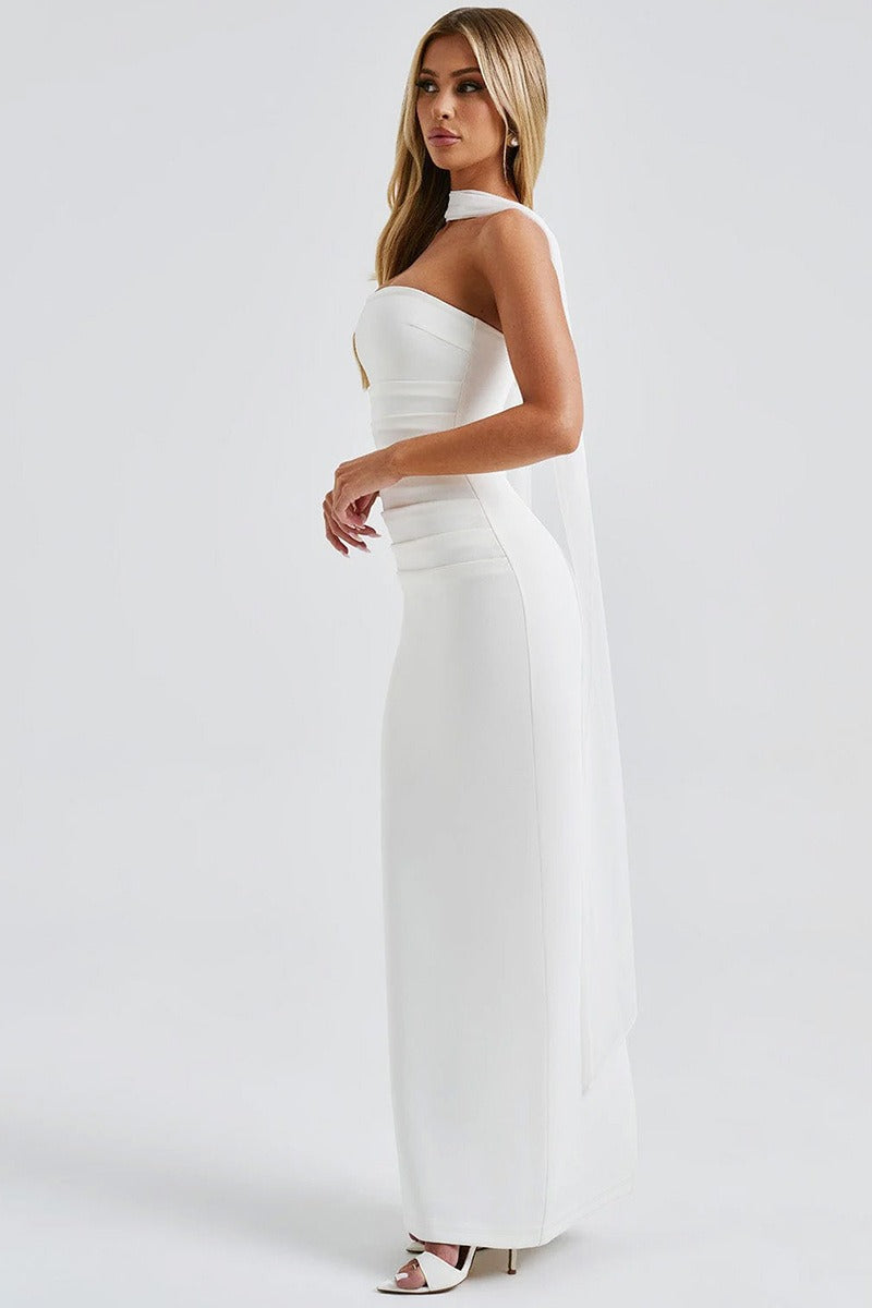 Strapless Choker Neck Ruched Sheer Glove Bodycon Maxi Dress - View 4