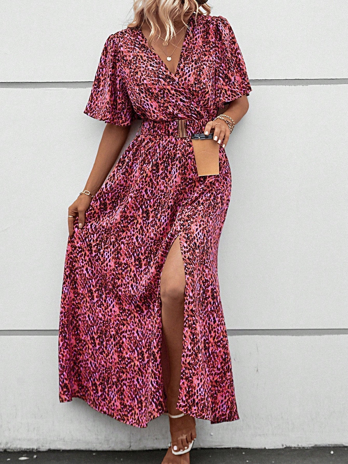 Leopard Print Wrap Flutter Sleeve Belted High Split Maxi Dress