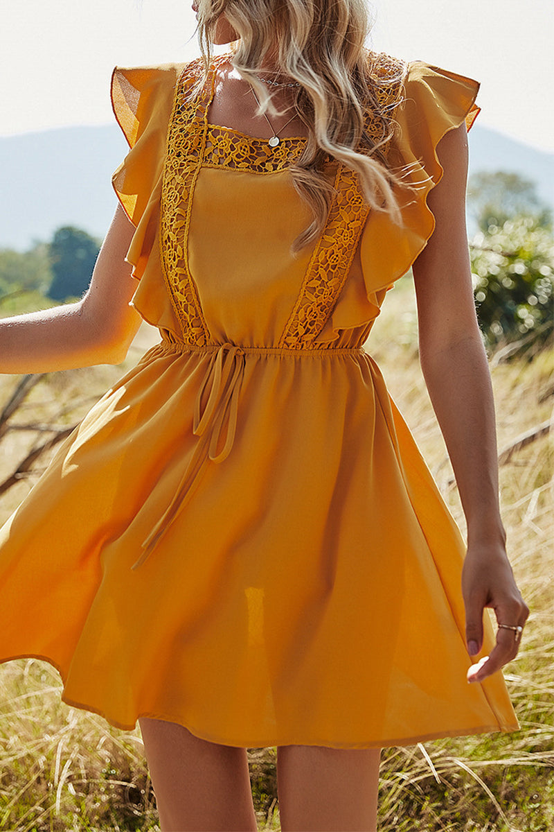 Lace Trim Square Neck Ruffle Cap Sleeve Drawstring Waist Dress