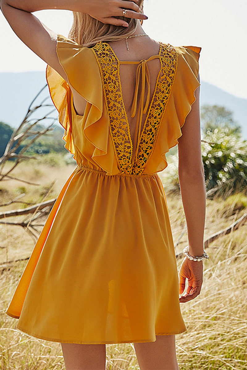 Lace Trim Square Neck Ruffle Cap Sleeve Drawstring Waist Dress - View 2