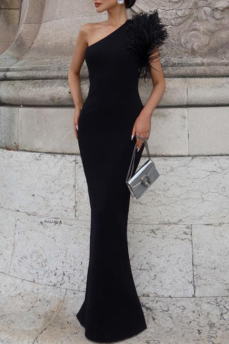 One Shoulder Feather Trim High Split Column Gown - View 3