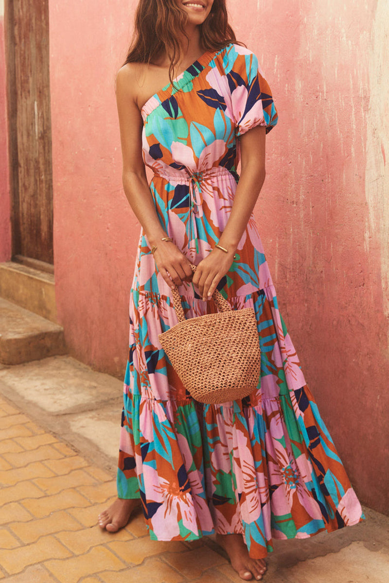 Floral One Shoulder Tiered Ruffle Maxi Summer Dress