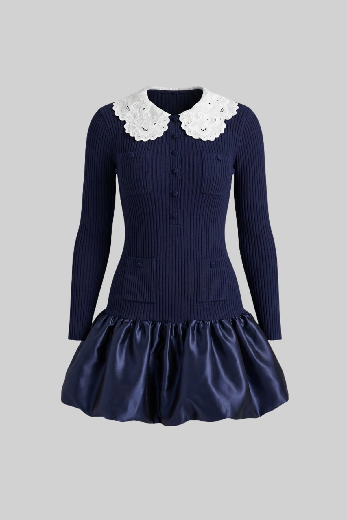 Knit Long Sleeve Mini Dress With Broderie Collar - Navy - View 2