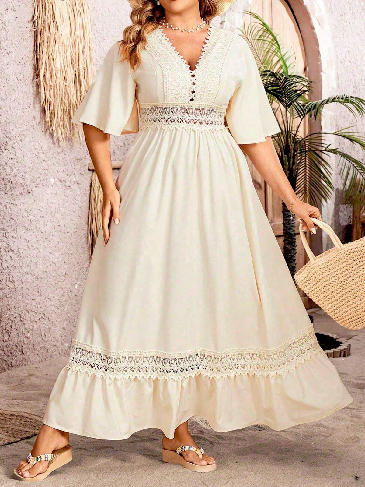 Deep V-Neck Crochet Lace Panel Flutter Sleeve Maxi Gown - View 5