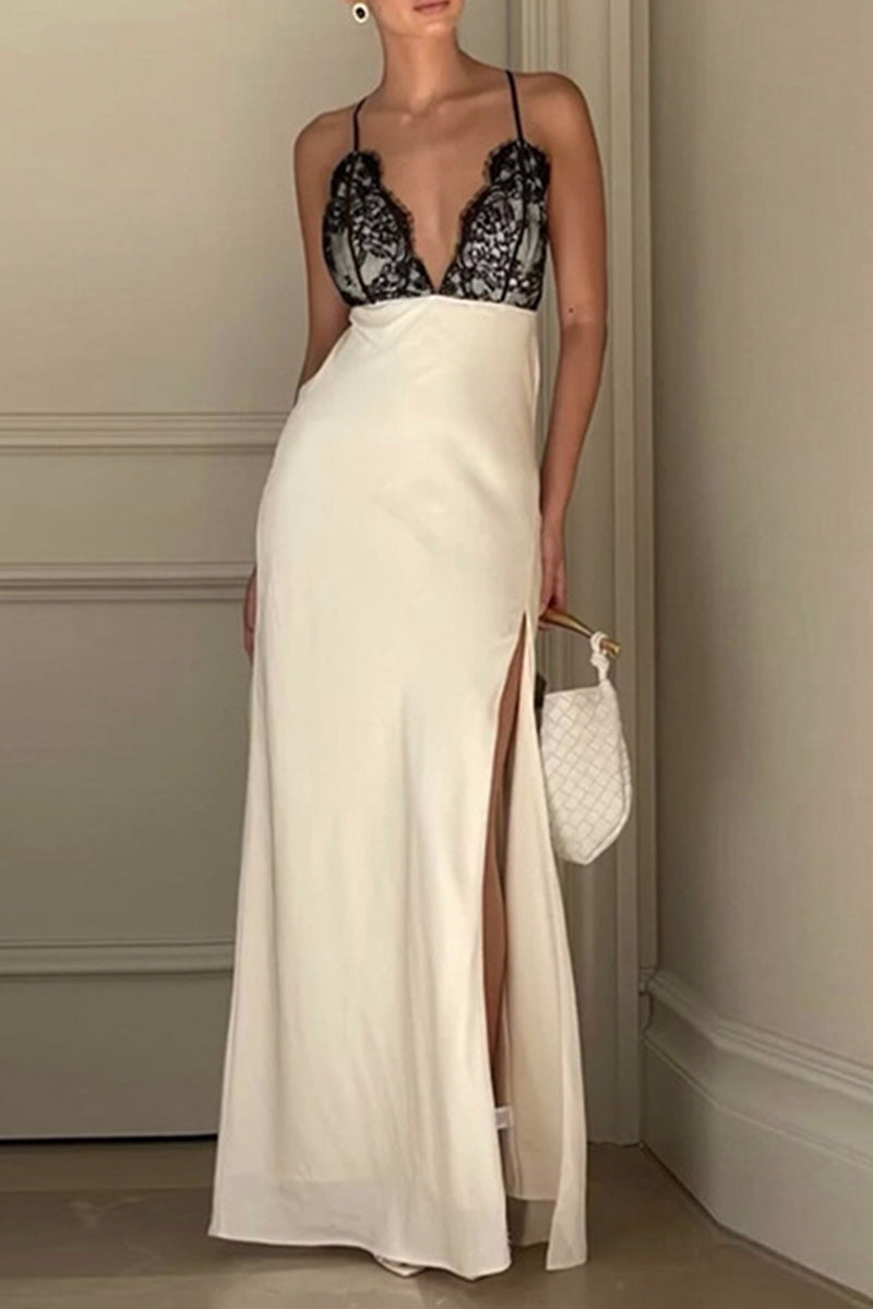 Francisca Lace V-Neck Backless Slit Slip Dress