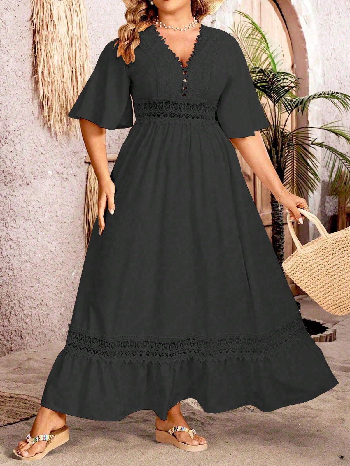 Deep V-Neck Crochet Lace Panel Flutter Sleeve Maxi Gown - View 4