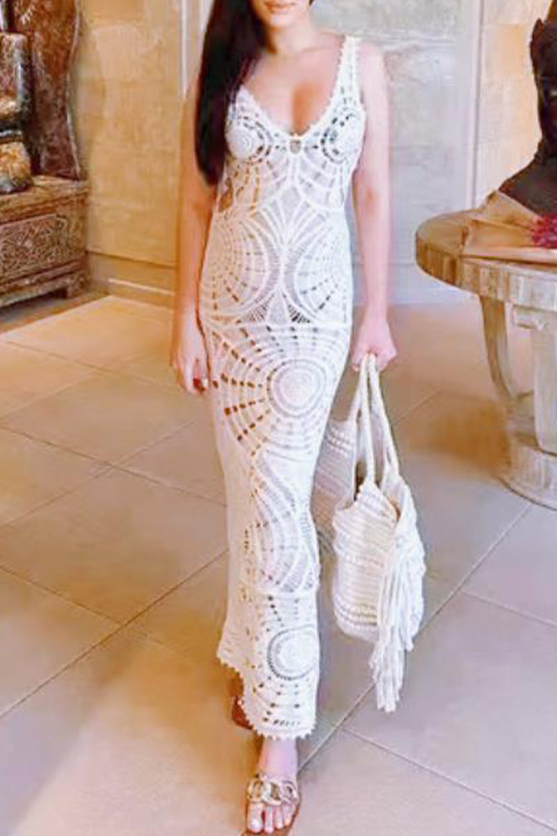 Crochet Deep V-Neck Cut Out Boho Beach Maxi Dress - View 9