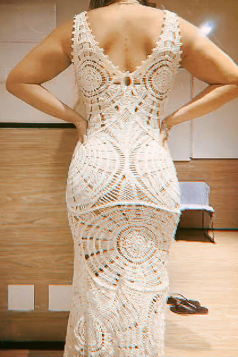 Crochet Deep V-Neck Cut Out Boho Beach Maxi Dress - View 8