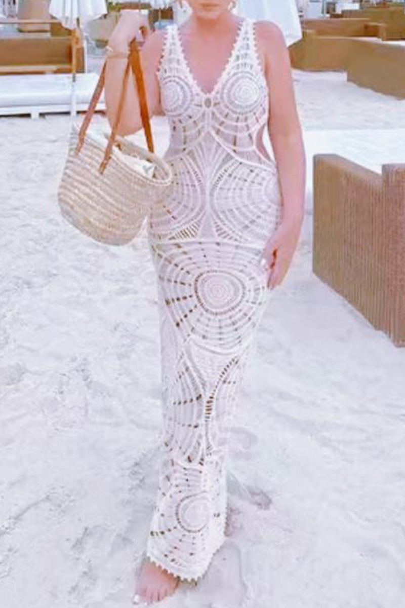 Crochet Deep V-Neck Cut Out Boho Beach Maxi Dress - View 10