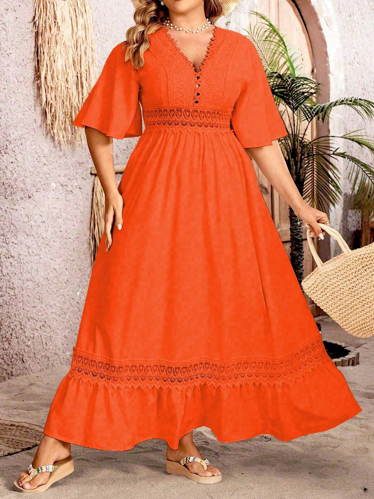 Deep V-Neck Crochet Lace Panel Flutter Sleeve Maxi Gown - View 2