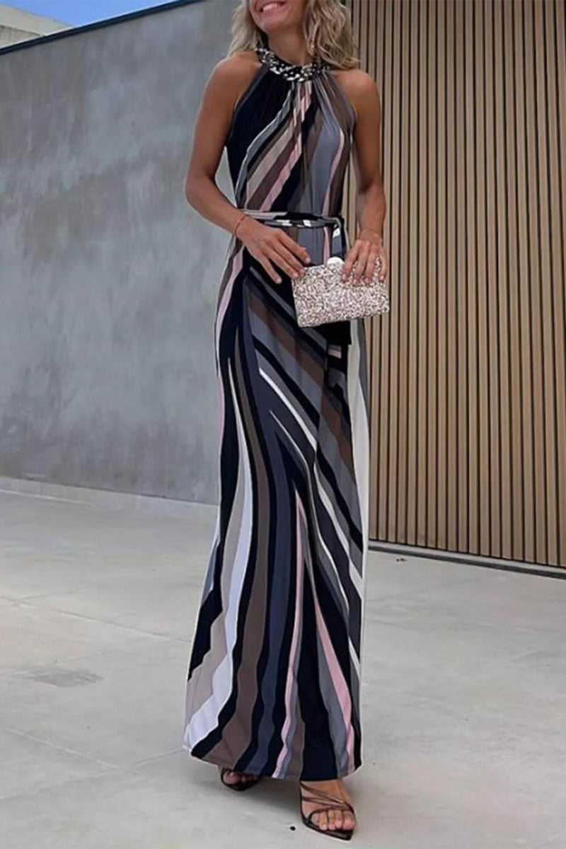 Embellished Halter Neck Geometric Stripe Tie Waist Maxi Dress - View 3