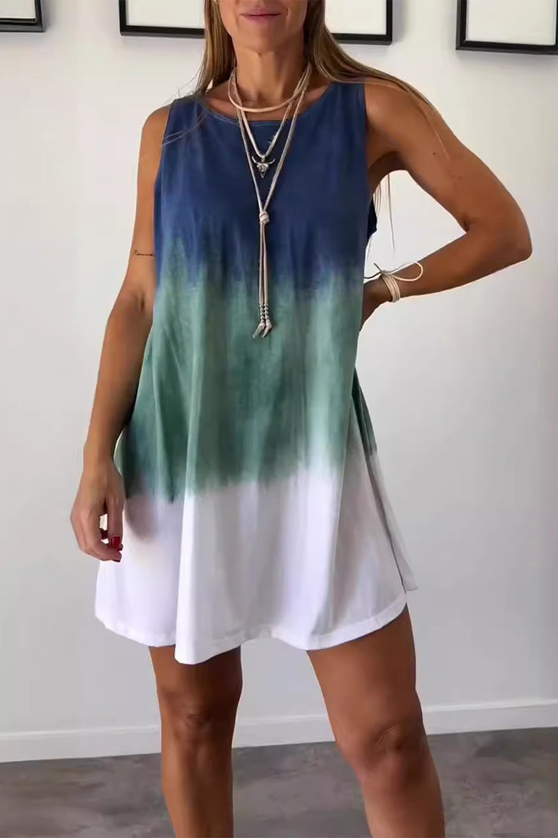 Sleeveless Round Neck Tie Dye Knit Mini Summer Dress - View 2