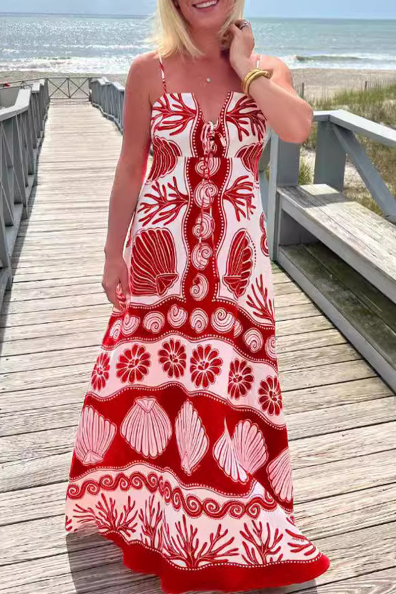 Spaghetti Strap V-Neck Shell Print Tiered Boho Maxi Summer Dress - View 2