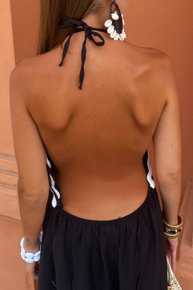 Halter Neck Deep V Backless Contrast Trim Maxi Summer Dress - View 4