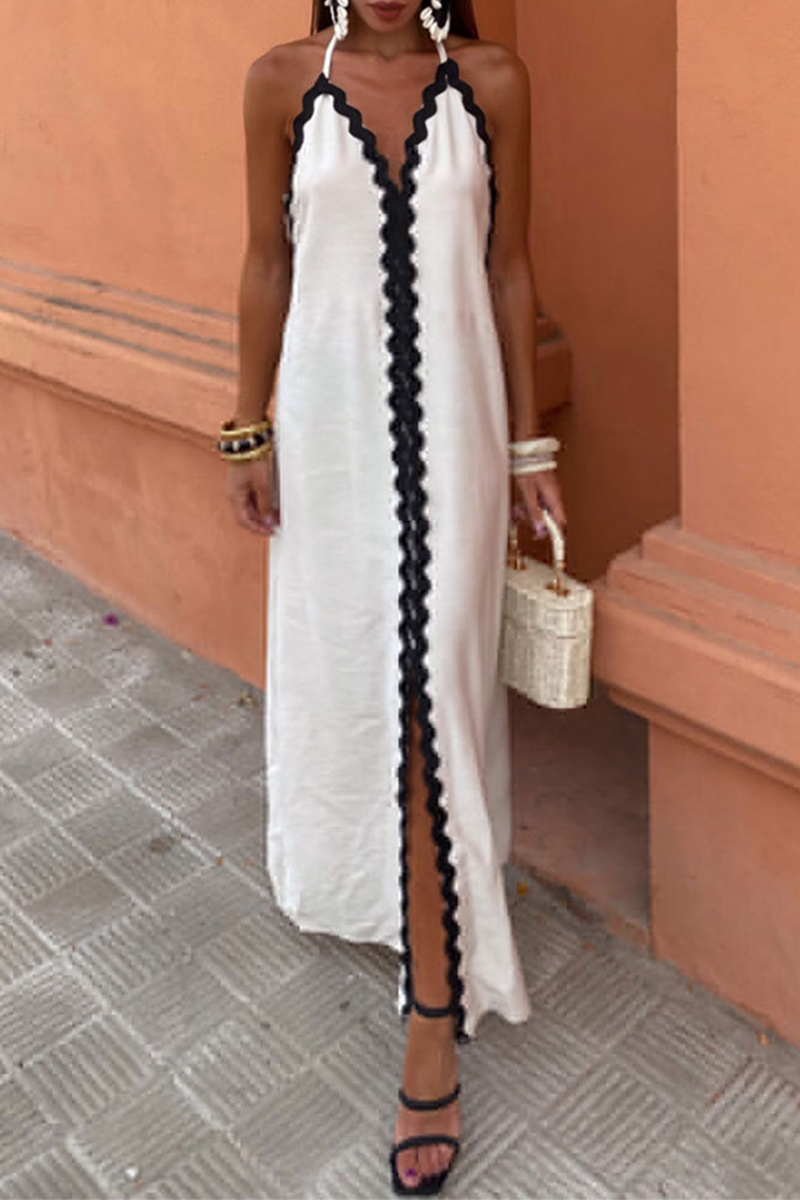 Halter Neck Deep V Backless Contrast Trim Maxi Summer Dress - View 3