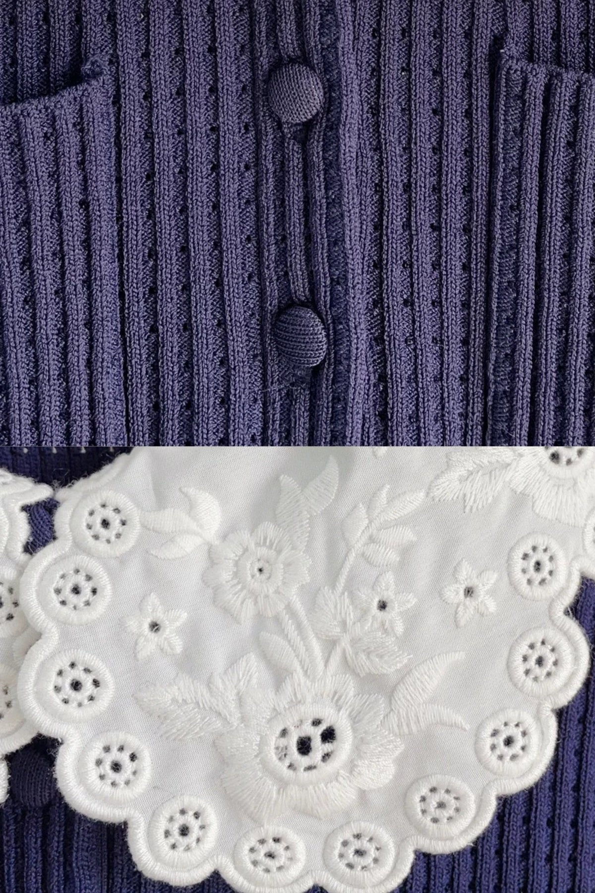 Knit Long Sleeve Mini Dress With Broderie Collar - Navy - View 8