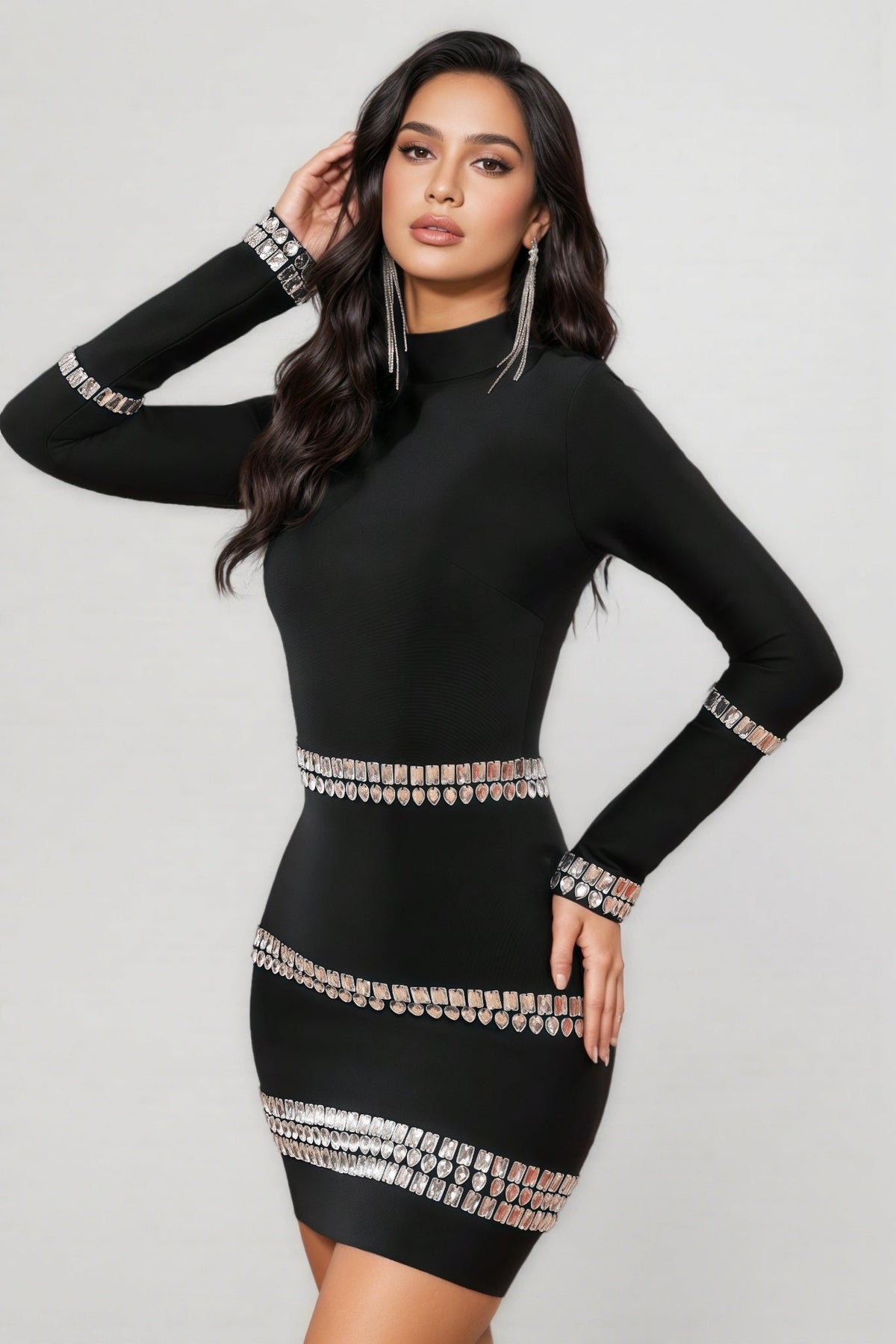Rhinestone Belt Band Long Sleeve Mock Neck Bandage Mini Dress - View 2